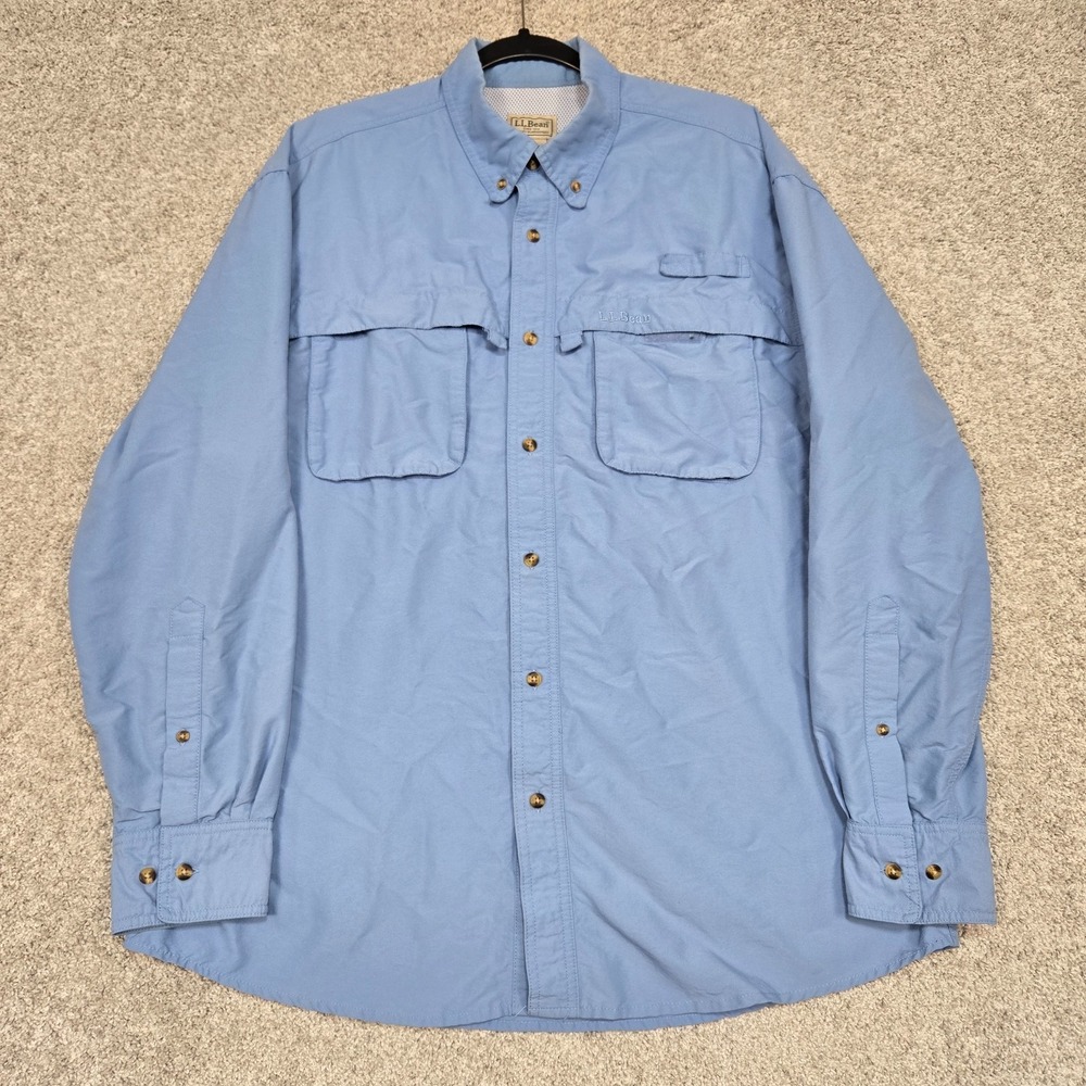 LL Bean Vented cape Fishing Hiking Shirt Men's Large Blue Nylon Blend 192202